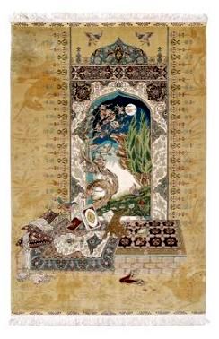 Pictorial Hereke silk rug, window with moonlit sky